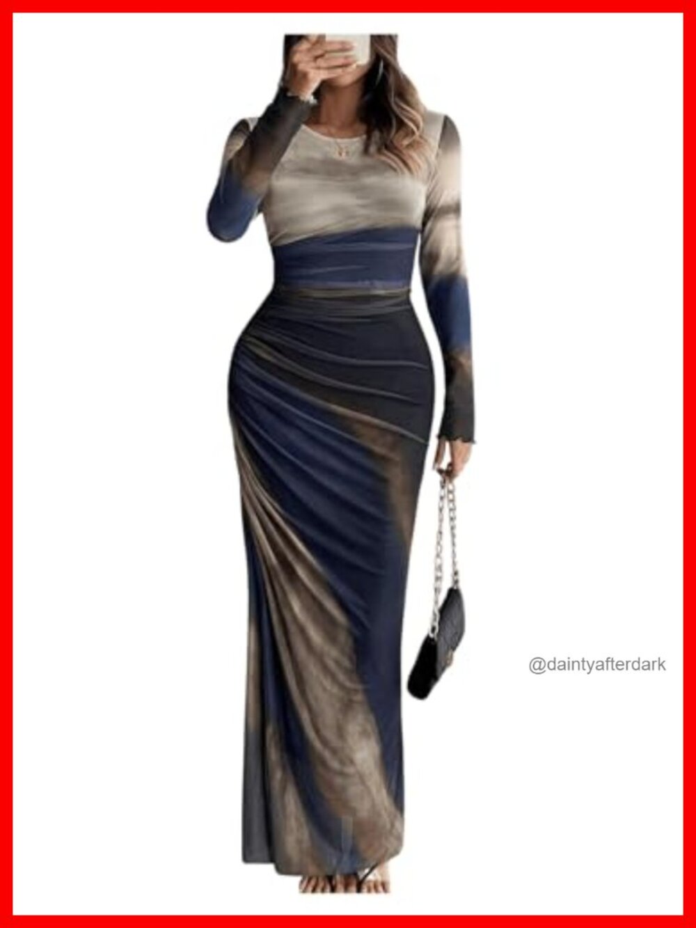 Long Sleeve Maxi Dress Bodycon Ruched Tie Dye Formal Wedding Guest